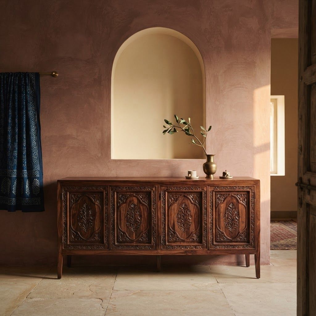 A carved wooden sideboard beneath an arched alcove in a warm, plaster-walled room