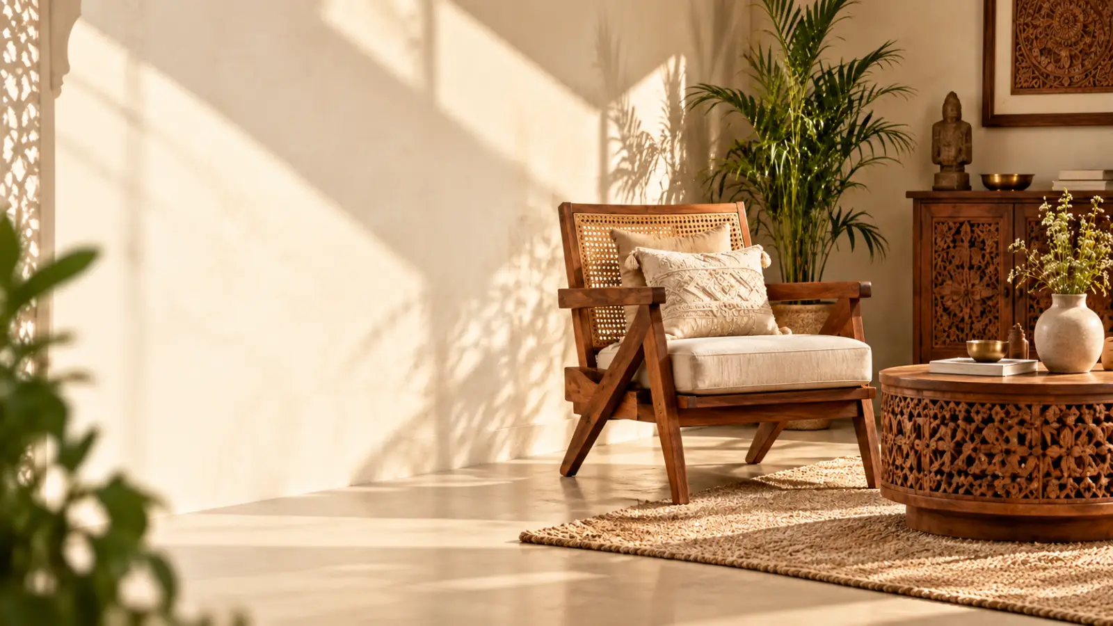 Carved wood armchair and round table in warm daylight