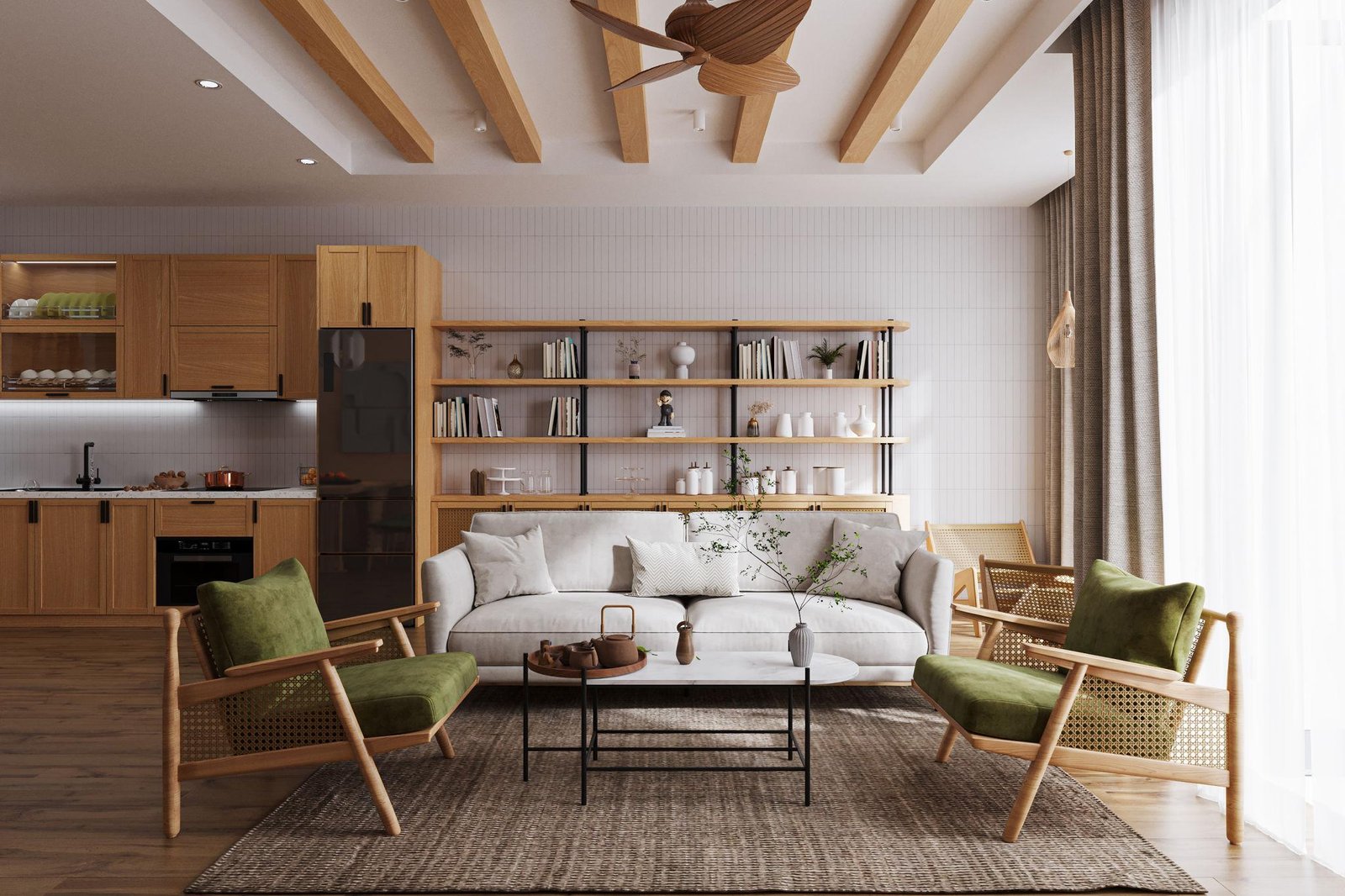 Modern living room featuring stylish wooden furniture and contemporary interior design.