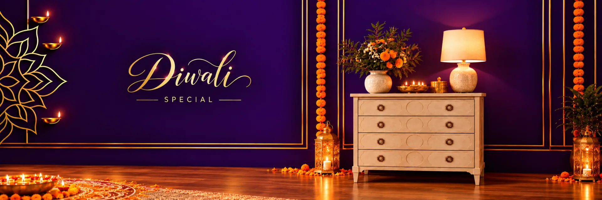 "I think this is very small."l." Diwali festive banner for Royal Indian Handicrafts, celebrating the festival of lights with handcrafted furniture and home déco