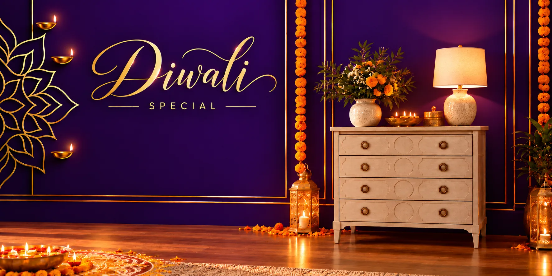 "I think this is very small."l." Diwali festive banner for Royal Indian Handicrafts, celebrating the festival of lights with handcrafted furniture and home déco