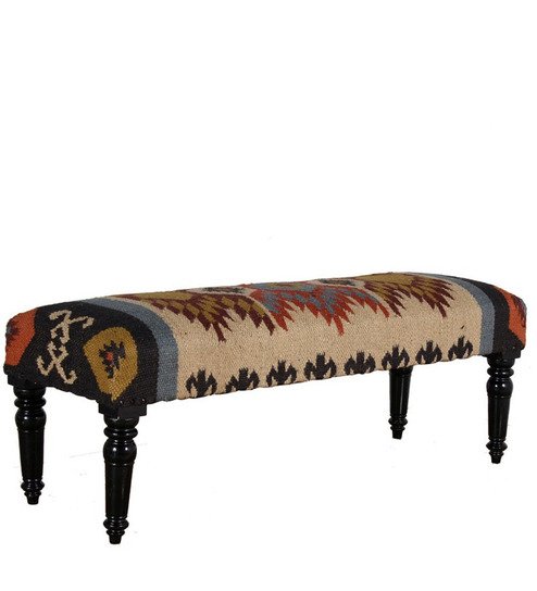 Handcrafted Upholstered Kilim Bench with Turned Wooden Legs