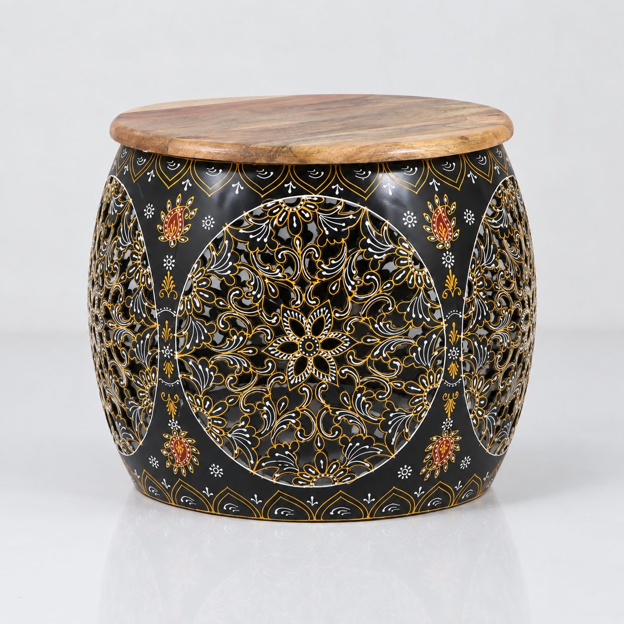 Hand-Painted Floral Mango Wood Storage Accent Table