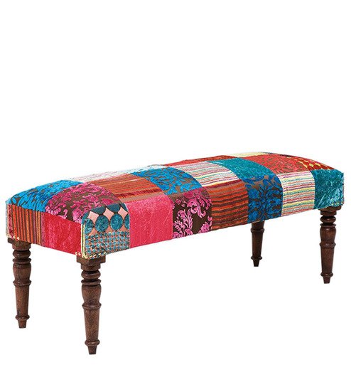 Handcrafted patchwork upholstered wooden bedroom bench with turned wooden legs