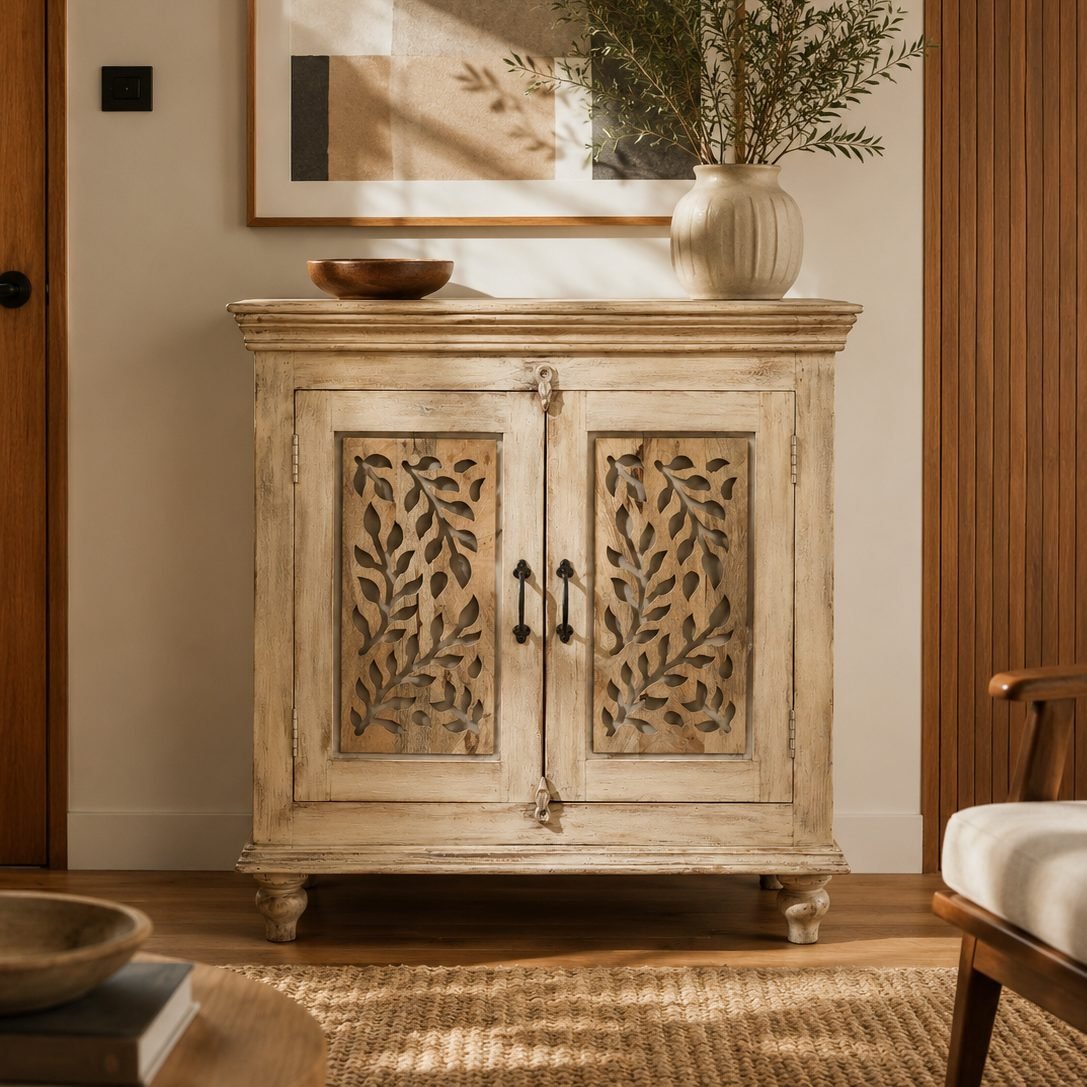 2-Door Carved Wood Storage Cabinet in Whitewashed Finish
