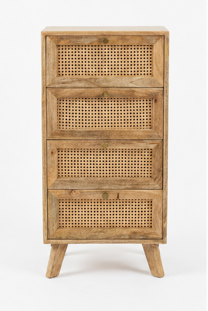 Handcrafted 4 Drawer Cane Chest of Drawers with Solid Wood Frame