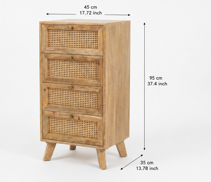 Handcrafted 4 Drawer Cane Chest of Drawers with Solid Wood Frame
