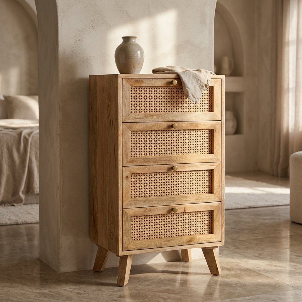 Handcrafted 4 Drawer Cane Chest of Drawers with Solid Wood Frame