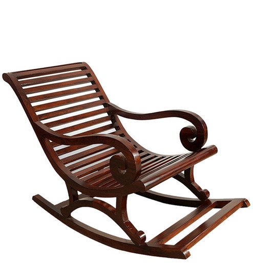 Handcrafted wooden rocking lounge chair with slatted seat, scroll armrests, and curved rocking base