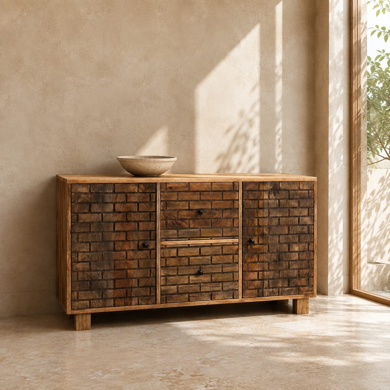 Brick Pattern 2 Door 2 Drawer Wooden Sideboard