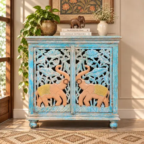 Carved Elephant Mango Wood Storage Cabinet