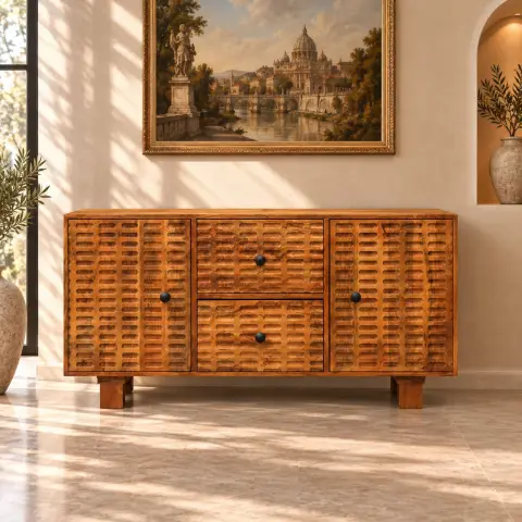Carved Solid Wood Sideboard with 2 Doors and 2 Drawers