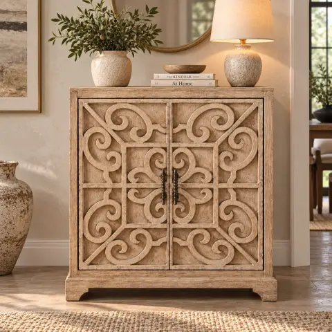 Carved two-door wooden cabinet with symmetrical scrollwork fronts, metal handles and light natural finish styled in a warm living room interior.