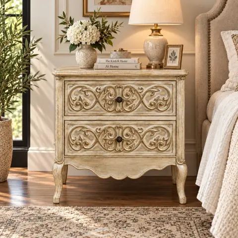 Closed two-drawer wooden chest with ornate carved fronts, dark round knobs, a distressed pale finish and curved legs styled beside a bed.