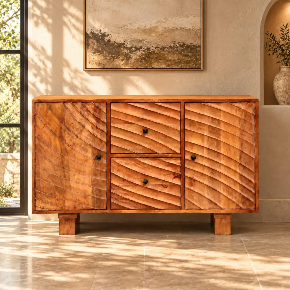 Mango wood sideboard shown closed in a warm sunlit interior with two side doors, two central drawers, carved wave-pattern fronts, black pyramid knobs and block legs.
