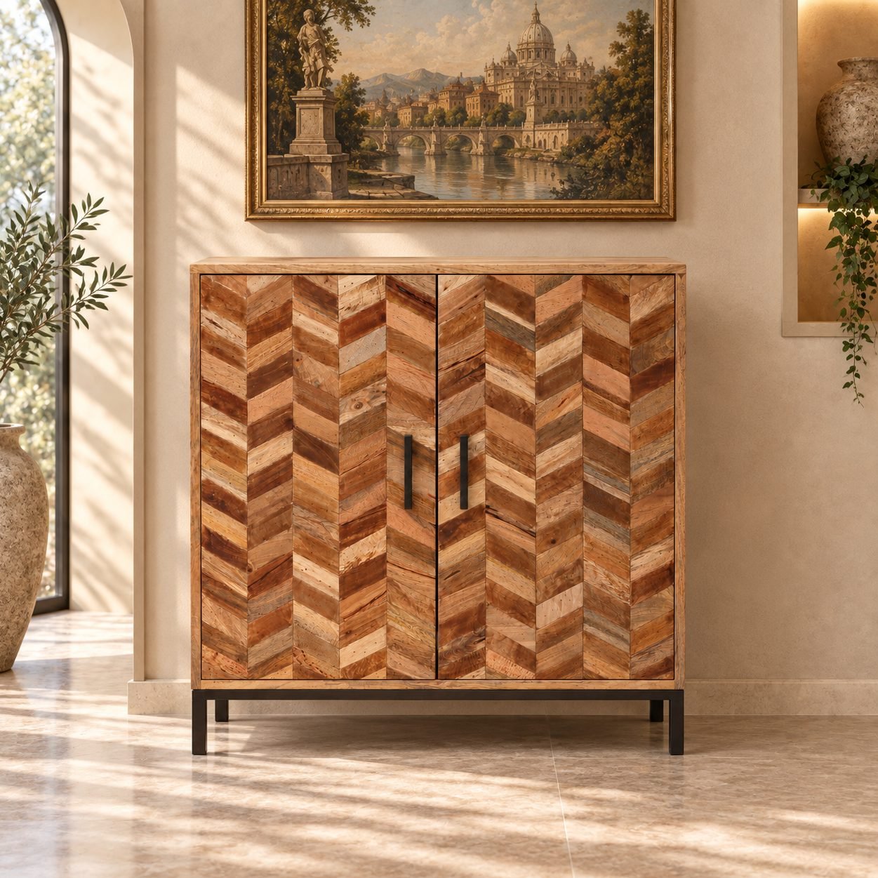 Chevron Pattern Mango Wood 2 Door Storage Cabinet