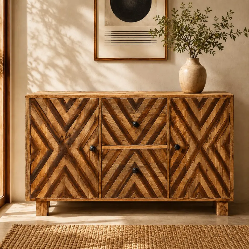 Front lifestyle view of a wooden sideboard with two doors, two central drawers, contrasting chevron patterns, dark knobs and block legs.