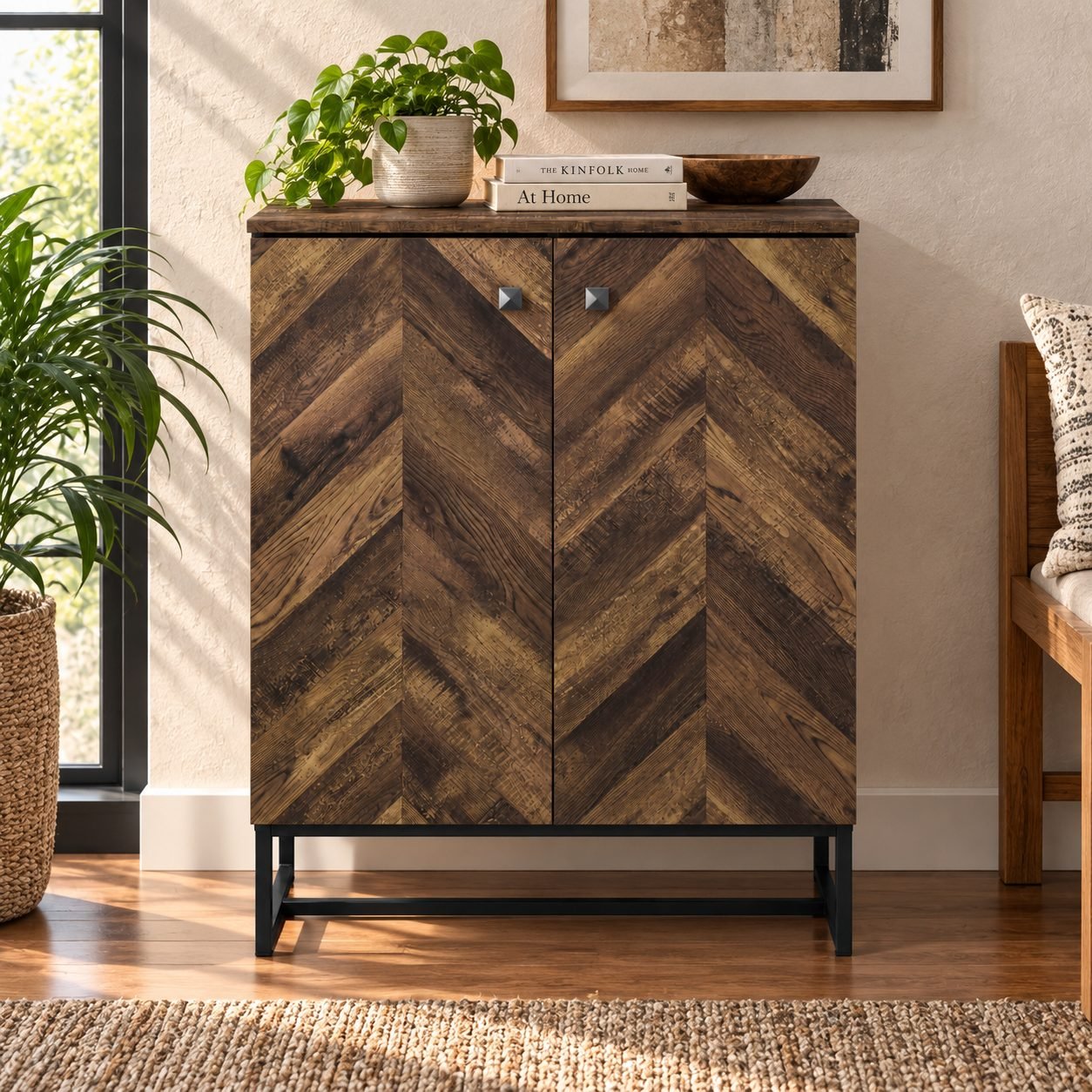 Two Door Chevron Wooden Storage Cabinet with Internal Shelf