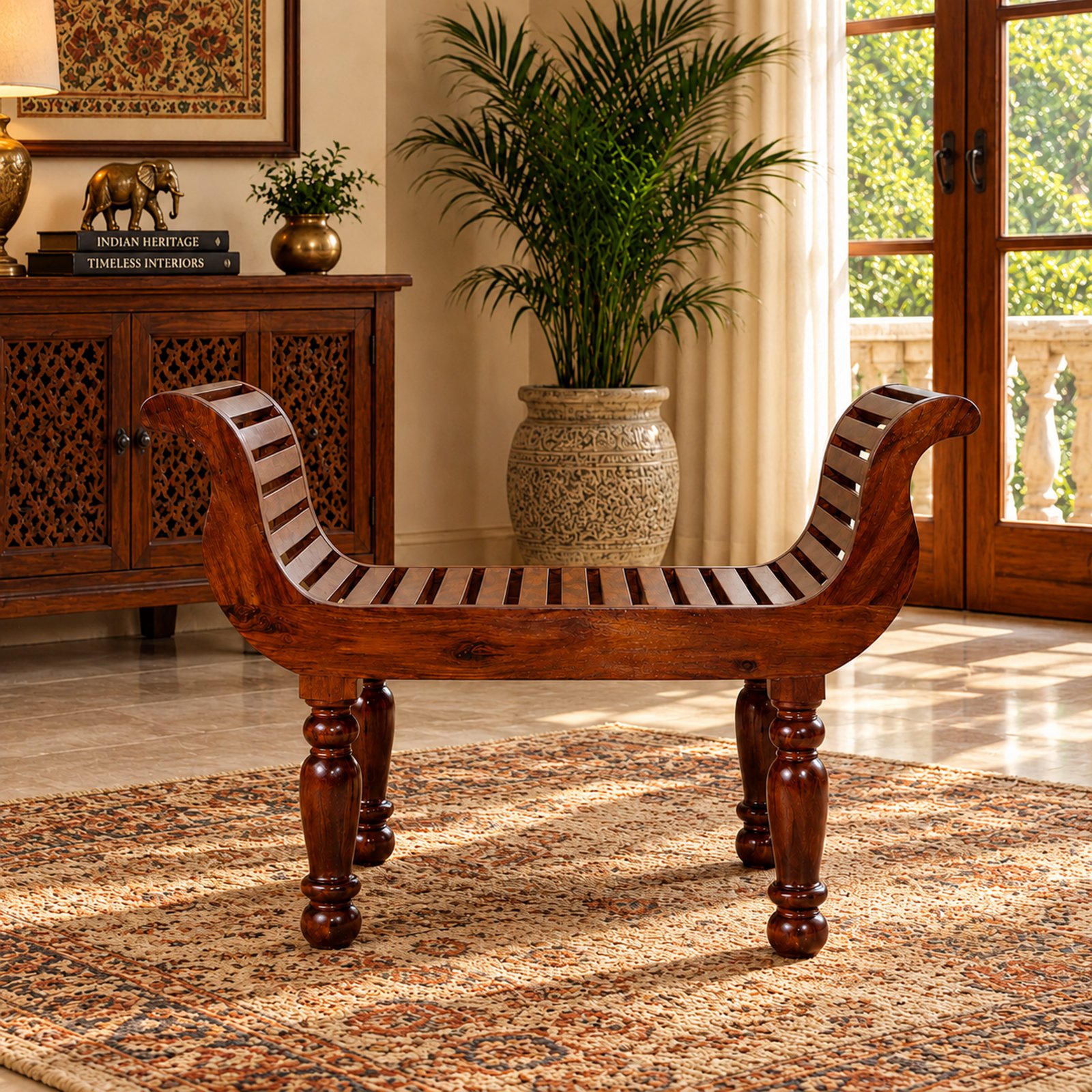 Curved slatted wooden bench with raised scroll-shaped ends and four turned legs displayed on a patterned rug in a warm traditional interior.