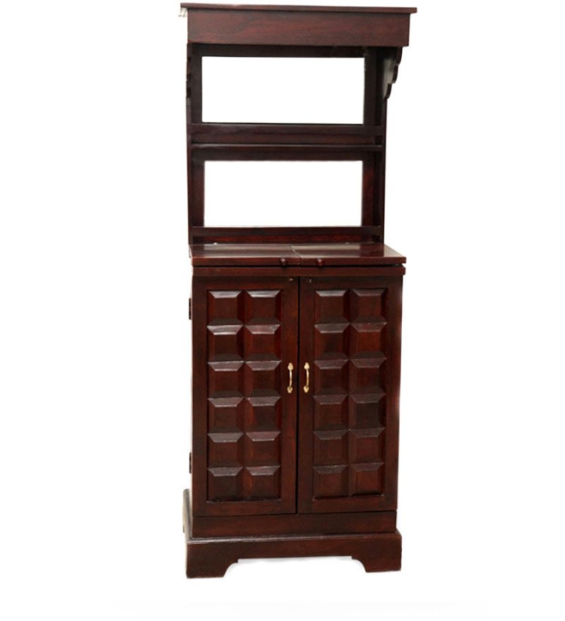 Rustic Maple Finish Wooden Bar Cabinet with Hutch Storage