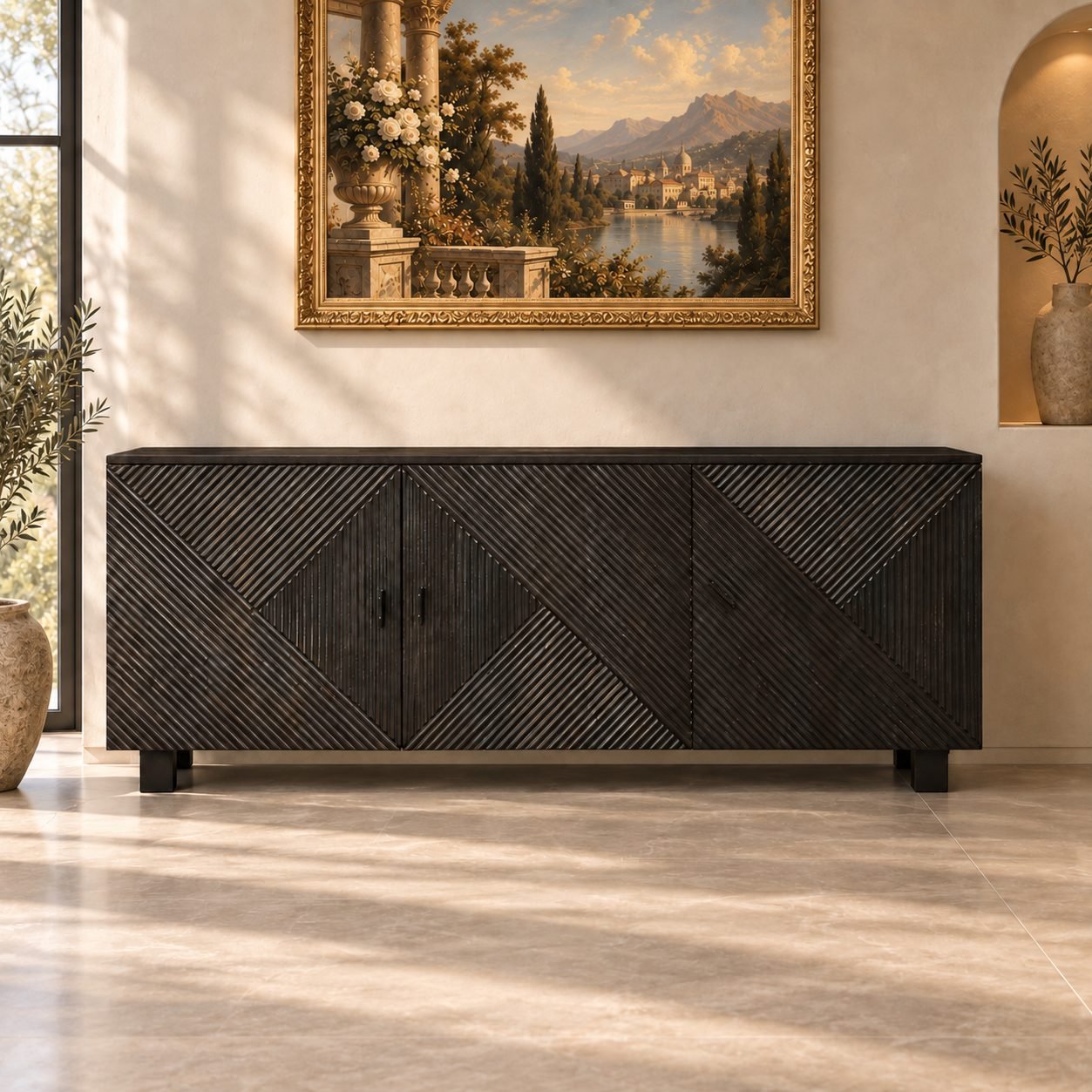 Handcrafted Dark Geometric Ribbed Wooden Storage Sideboard
