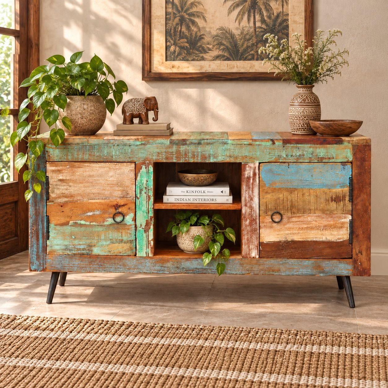 Distressed Multicolor Wooden Sideboard Cabinet with Open Shelves