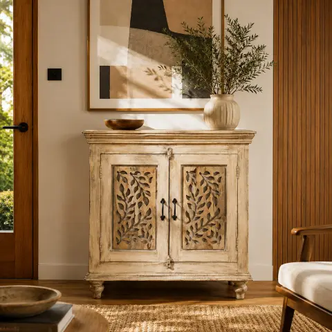 Front lifestyle view of a distressed white wooden storage cabinet featuring two carved botanical doors, contrasting natural wood panels, black metal handles and turned wooden feet.