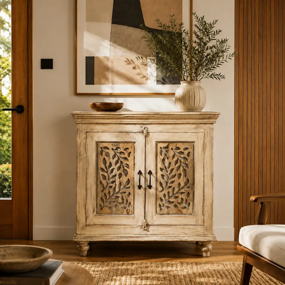 Front lifestyle view of a distressed white wooden storage cabinet featuring two carved botanical doors, contrasting natural wood panels, black metal handles and turned wooden feet.