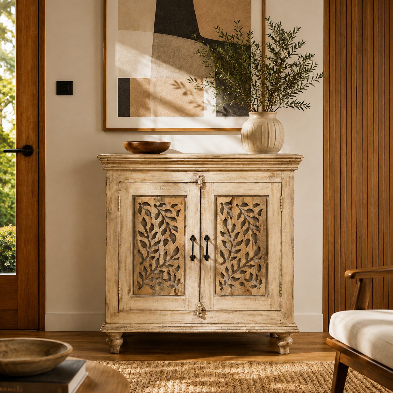 Handcrafted Distressed White Carved 2 Door Wooden Storage Cabinet