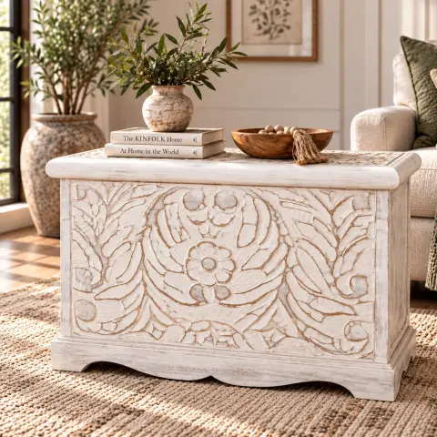 Closed distressed white wooden blanket box with a carved floral front, decorated lid and scalloped base styled in a warm living room.