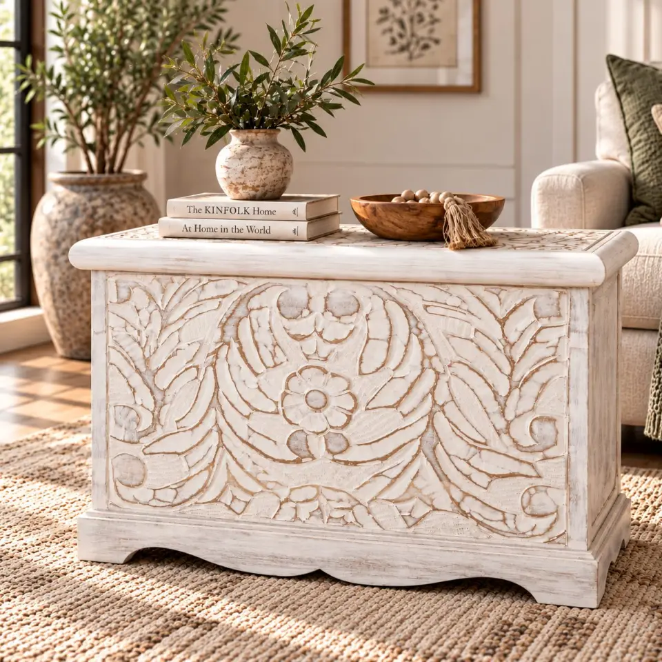 Closed distressed white wooden blanket box with a carved floral front, decorated lid and scalloped base styled in a warm living room.