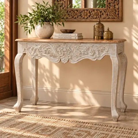 Hand-Carved Distressed White Wooden Console Table