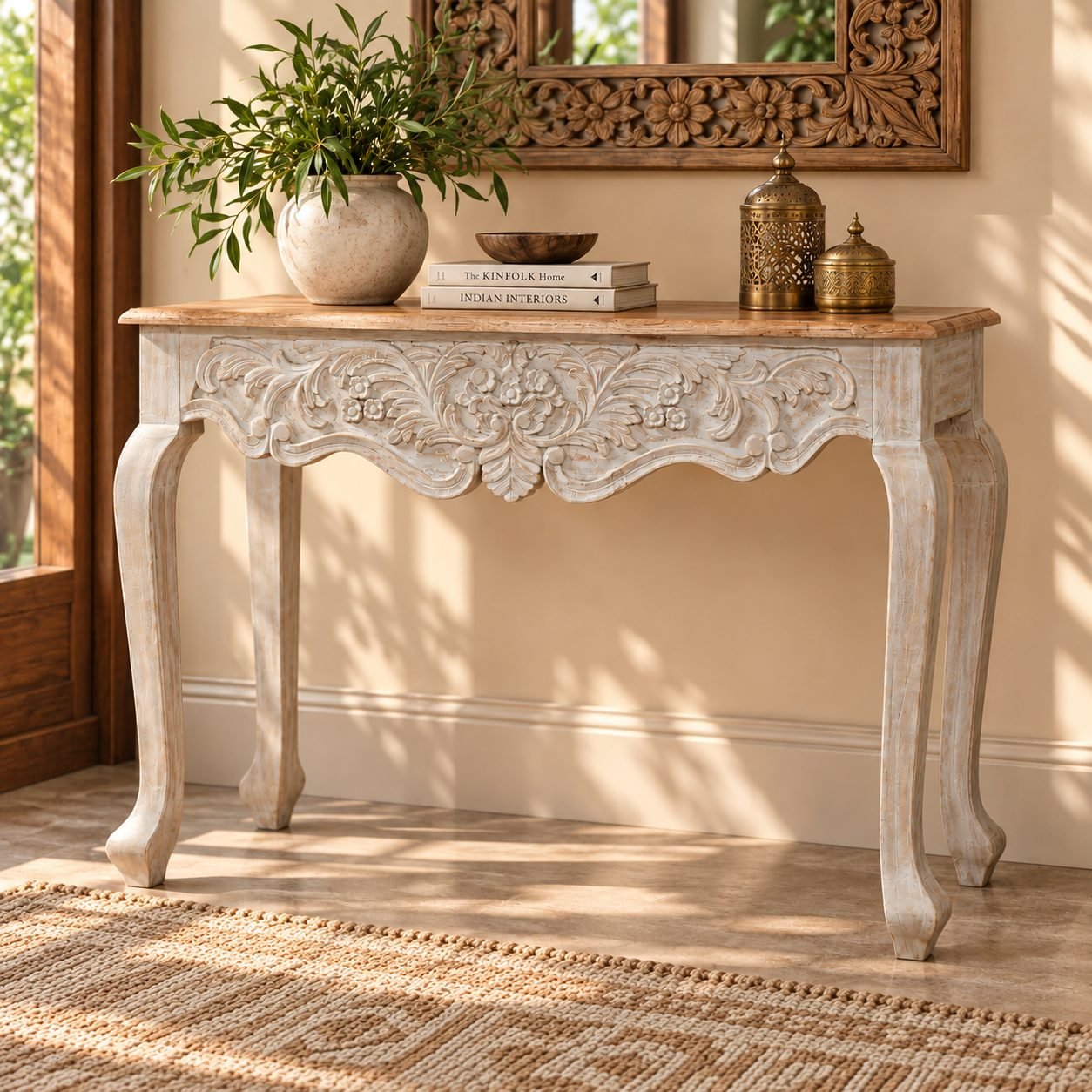 Hand-Carved Distressed White Wooden Console Table