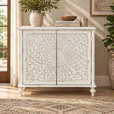 Distressed white wooden storage cabinet with two carved floral mandala doors and turned feet styled in a warm living room interior.