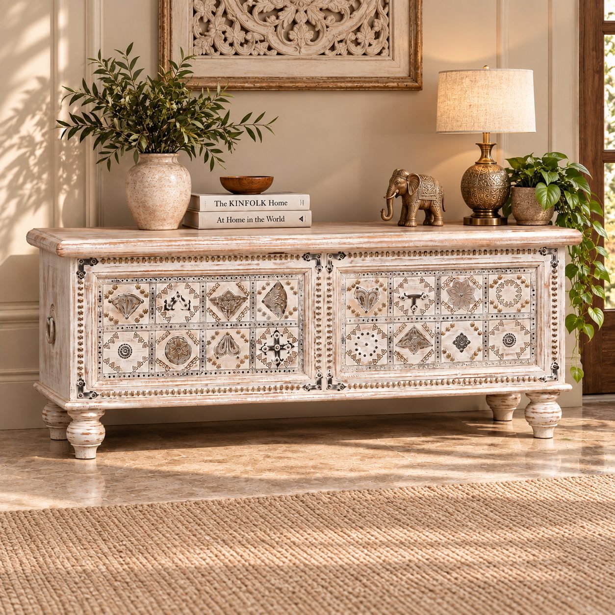 Handcrafted Distressed White Mango Wood Storage Chest