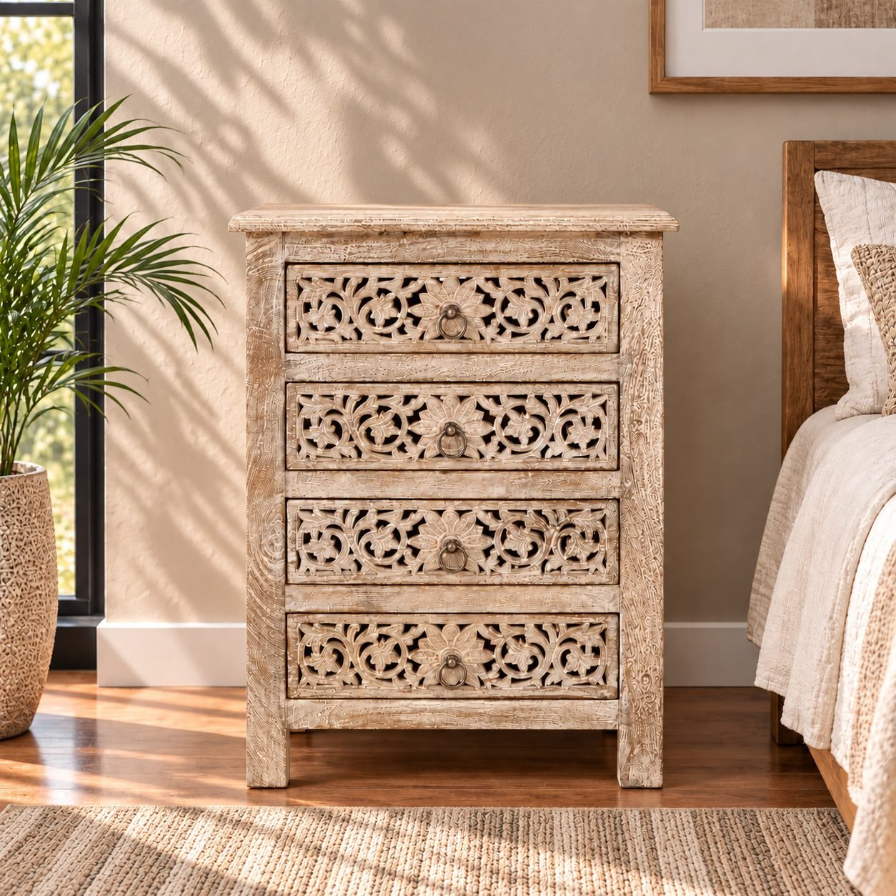 Floral Carved Four Drawer Wooden Chest of Drawers