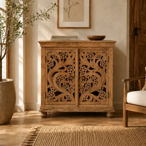 Two door wooden cabinet shown closed in a warm interior with floral openwork carvings, dark ring handles and rounded turned feet.