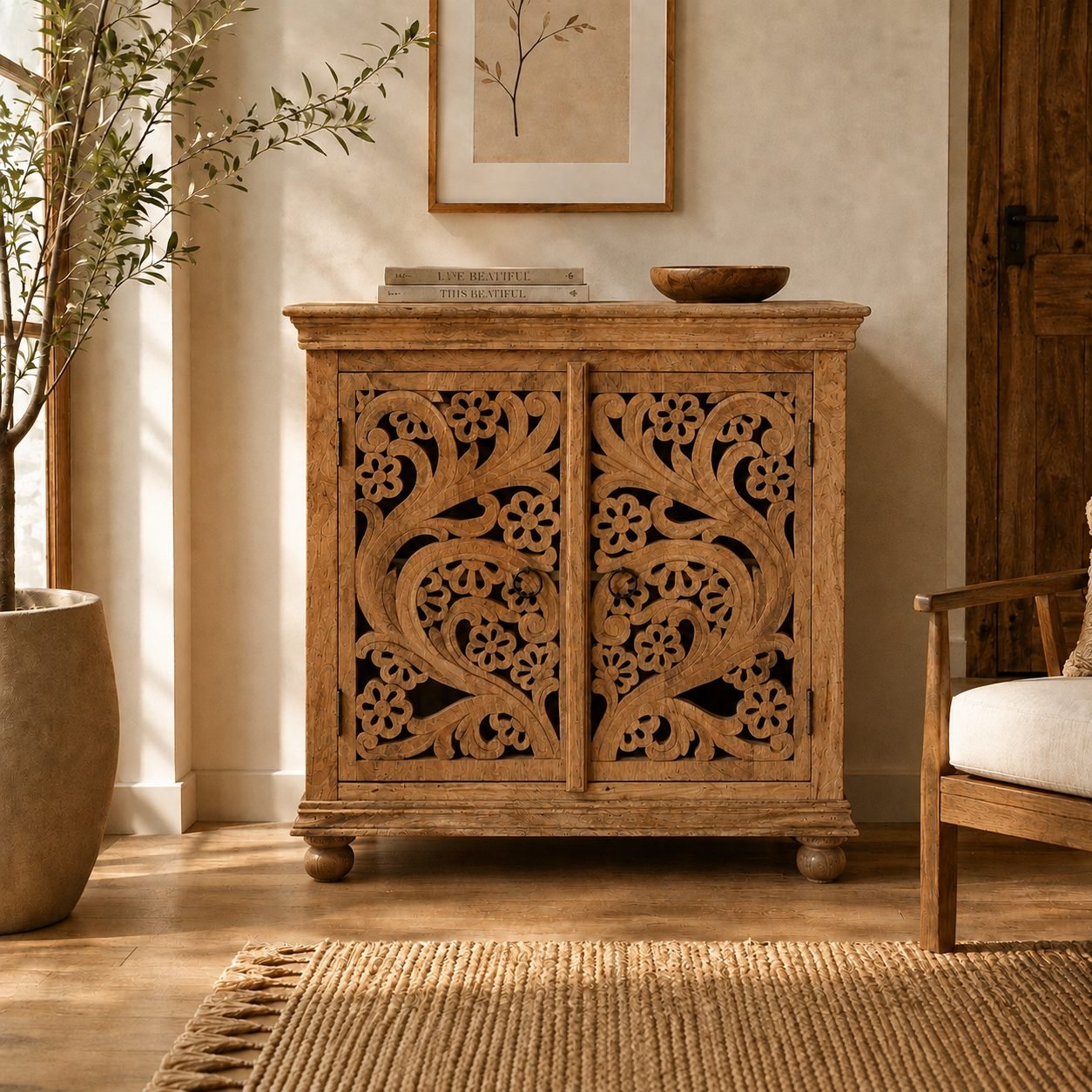 Floral Carved 2 Door Wooden Storage Cabinet