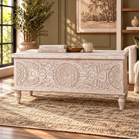 Distressed White Floral Carved Wooden Blanket Box