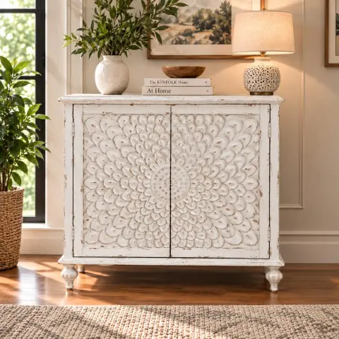 Floral Carved 2 Door Wooden Storage Cabinet