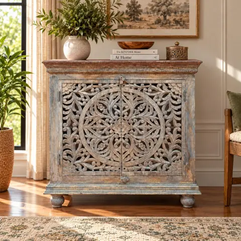 Closed two-door wooden storage cabinet with intricate floral medallion carvings, a distressed blue-grey finish and rounded feet in a warm interior.