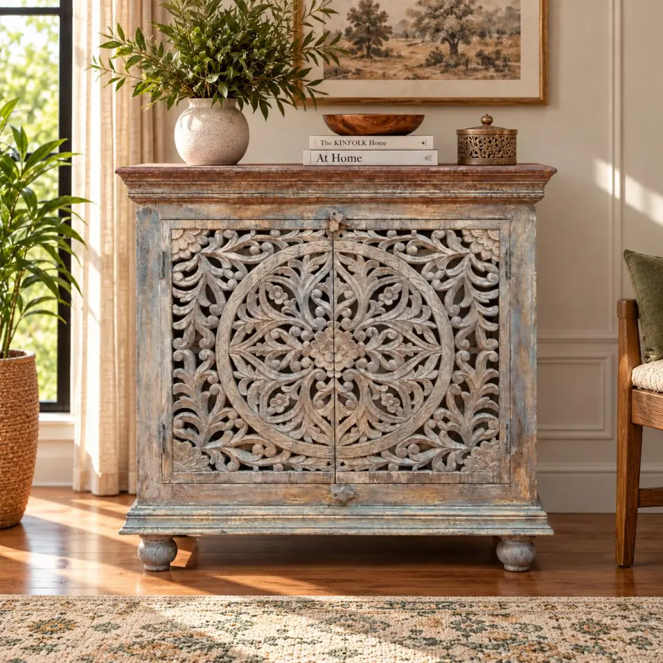 Closed two-door wooden storage cabinet with intricate floral medallion carvings, a distressed blue-grey finish and rounded feet in a warm interior.