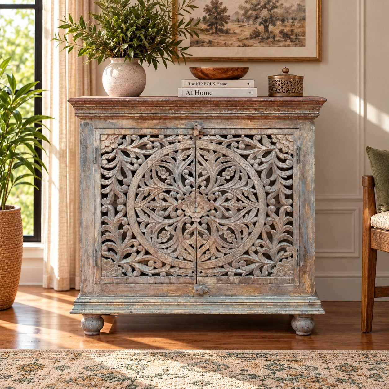 Floral Carved Two Door Wooden Storage Cabinet