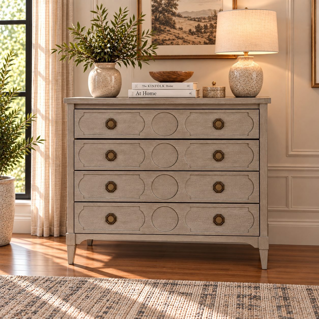Four Drawer Wooden Chest of Drawers with Decorative Fronts