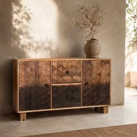 Solid Mango Wood Geometric Carved 2 Door Sideboard with 2 Drawers