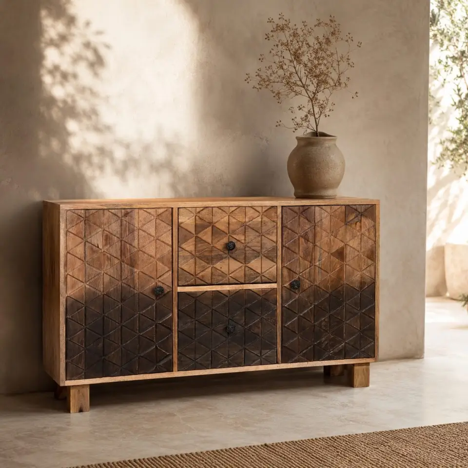 Closed wooden sideboard with two doors, two central drawers, geometric carved fronts and a graduated natural-to-dark finish in a warm neutral interior.