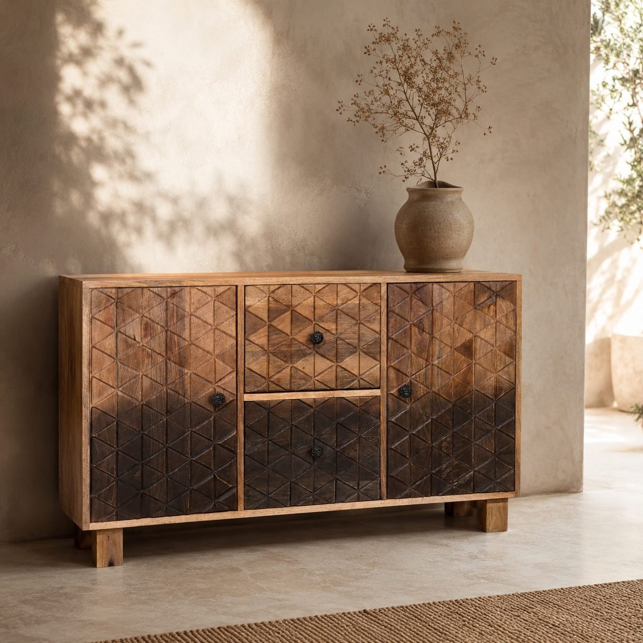 Solid Mango Wood Geometric Carved 2 Door Sideboard with 2 Drawers