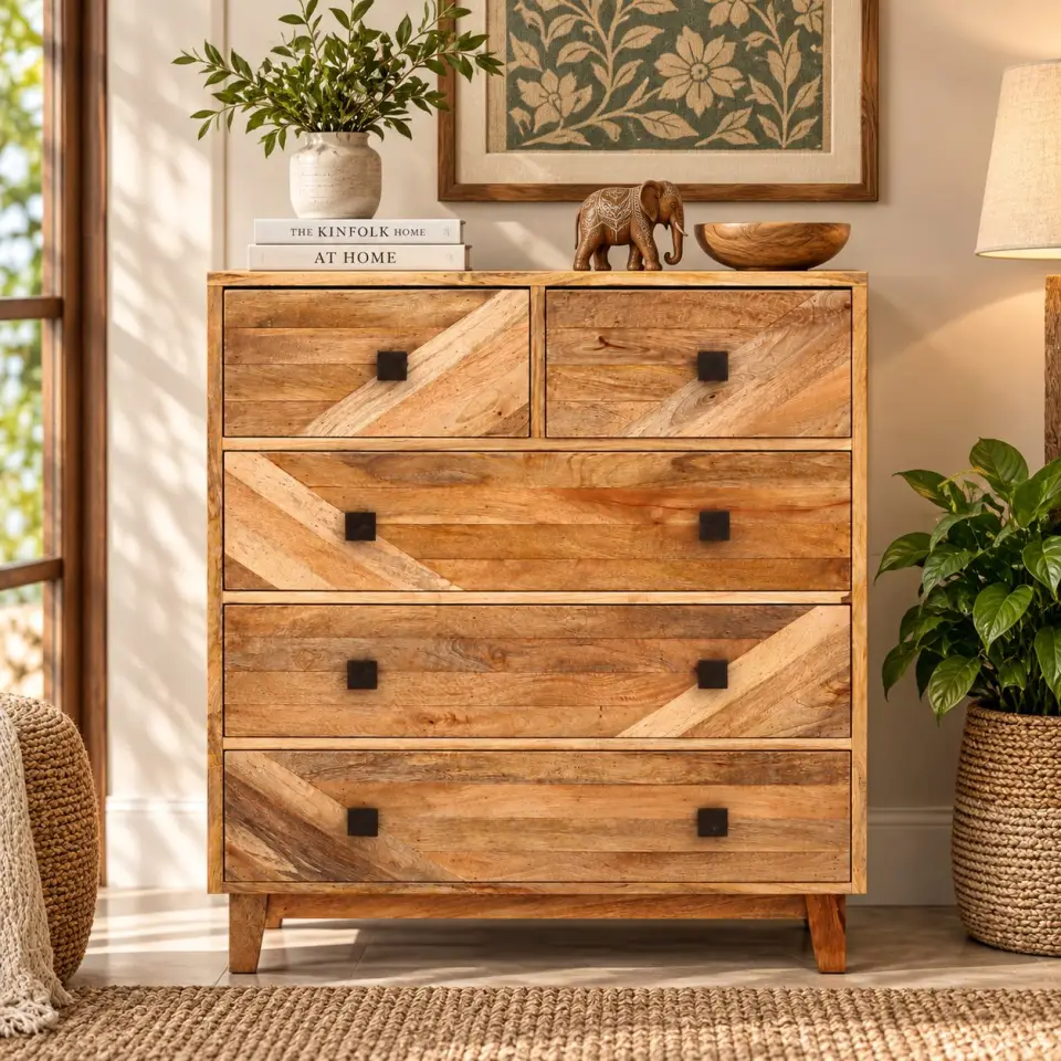 Closed mango wood chest with five drawers, diagonal contrasting wood details, black square handles and short wooden legs styled in a warm sunlit interior.