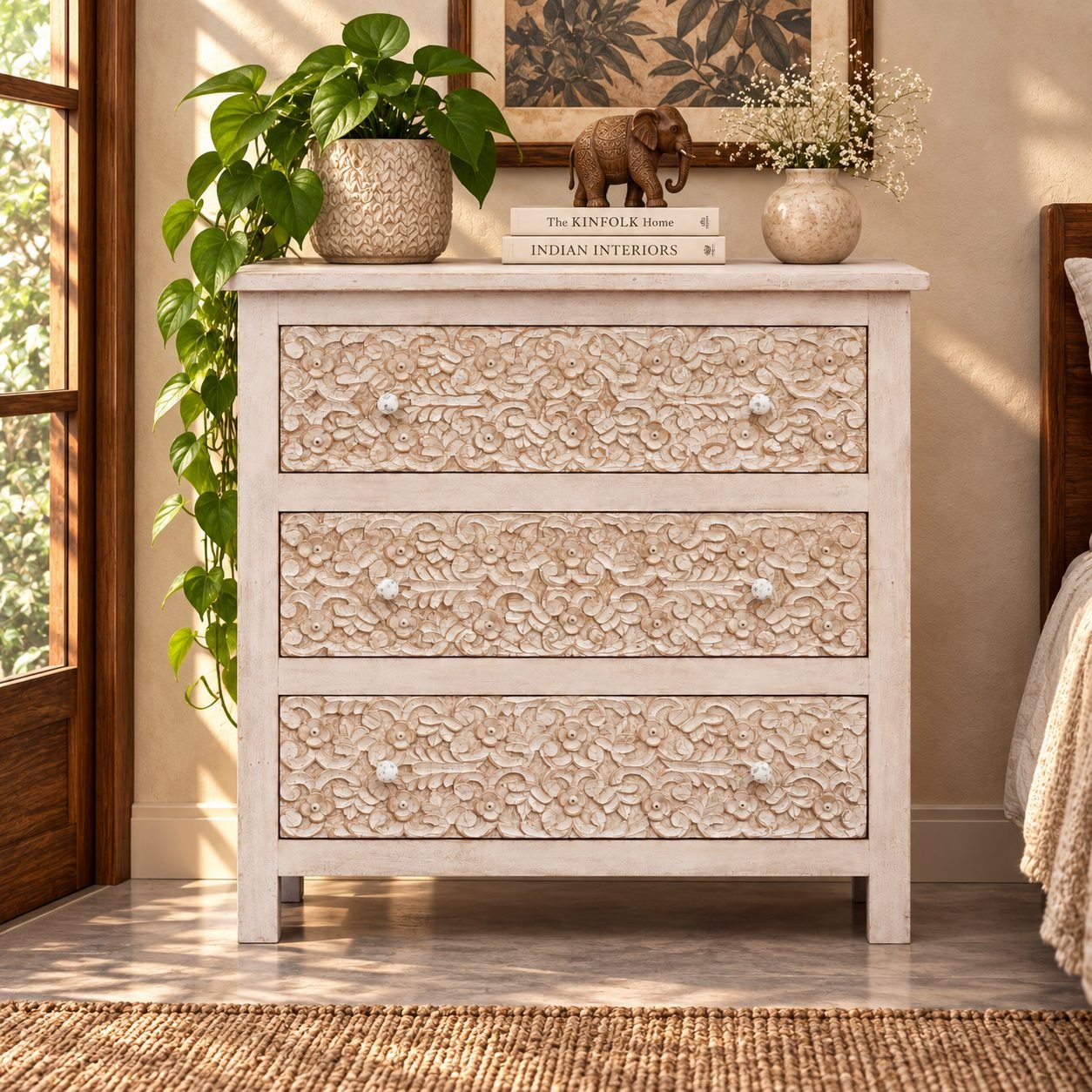 Hand-Carved 3 Drawer Mango Wood Chest of Drawers