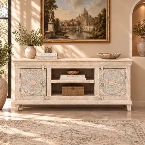Hand-carved distressed white TV stand and media unit with pastel floral doors, two central open shelves and enclosed side storage in a styled living room.